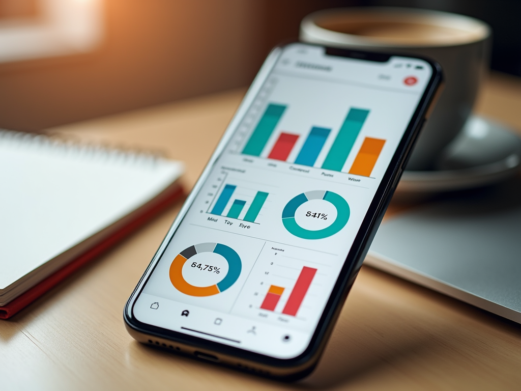 На экране телефона отображаются диаграммы и графики с данными аналитики. На столе лежит блокнот и чашка кофе.
