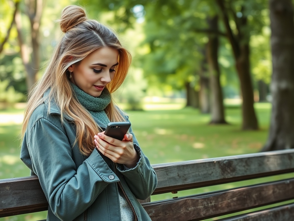 Молодая женщина с длинными волосами сидит на скамейке и смотрит на телефон в парке.