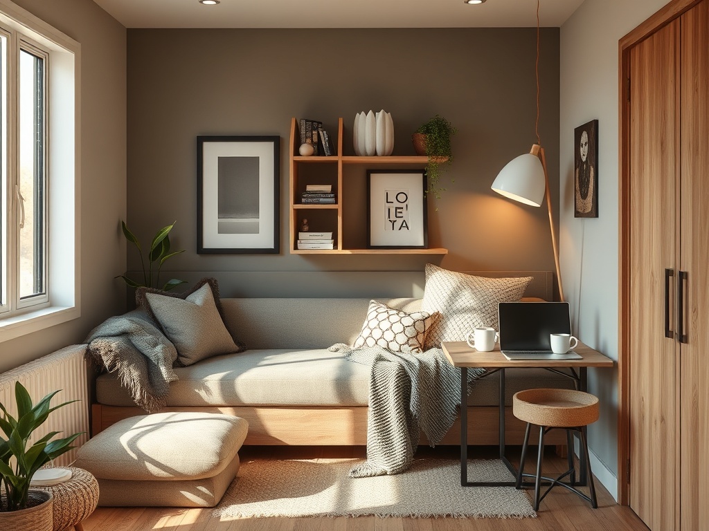 Современная гостиная с мягким диваном, столом, растениями и уютным освещением. Теплая и стильная атмосфера.