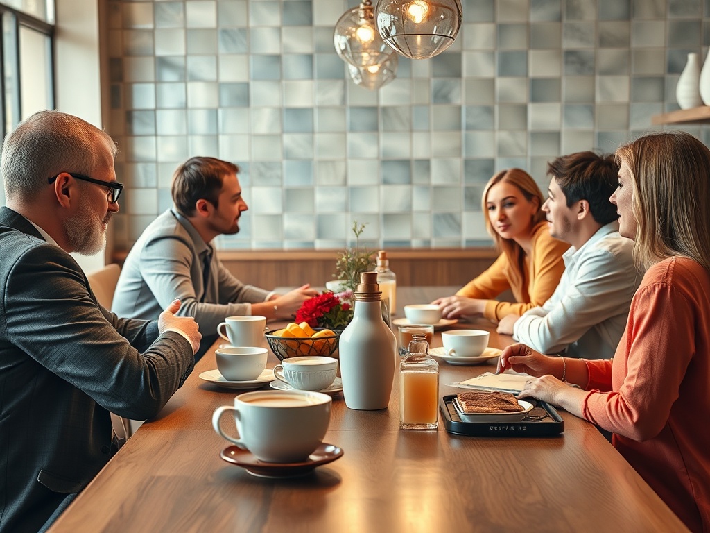 На встрече за кофе обсуждаются идеи, стоят напитки, свежие фрукты и закуски на столе. Добрая атмосфера.