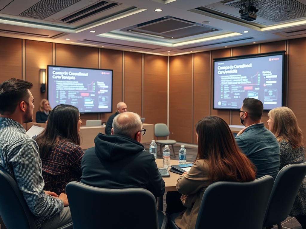 Группа людей на презентации в конференц-зале с проектором на заднем плане.