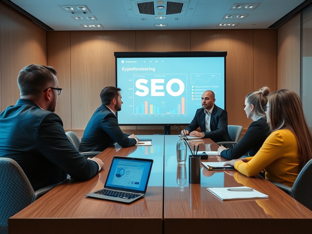 На встрече обсуждают стратегию SEO. Несколько человек за столом, на экране графики и цифры.