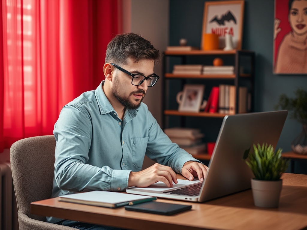 Молодой человек работает на ноутбуке в уютном офисе с красными шторами и растением на столе.