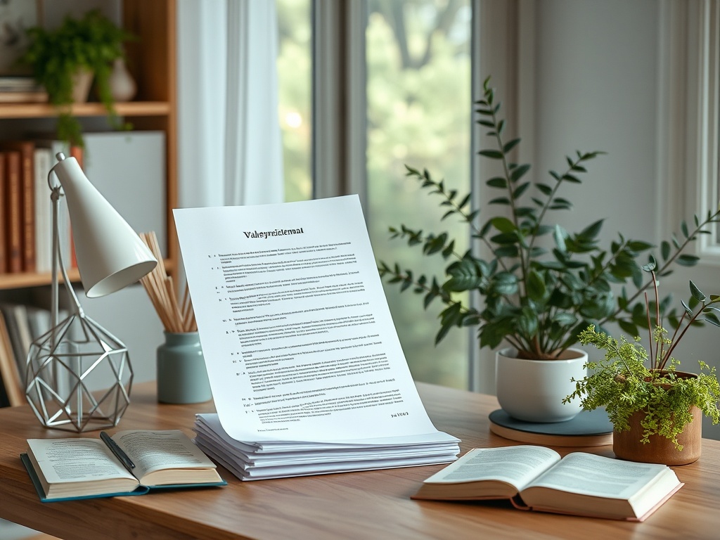 На столе лежат книги и лист бумаги с текстом, рядом стоят растения и настольная лампа. Солнечный свет проникает в комнату.