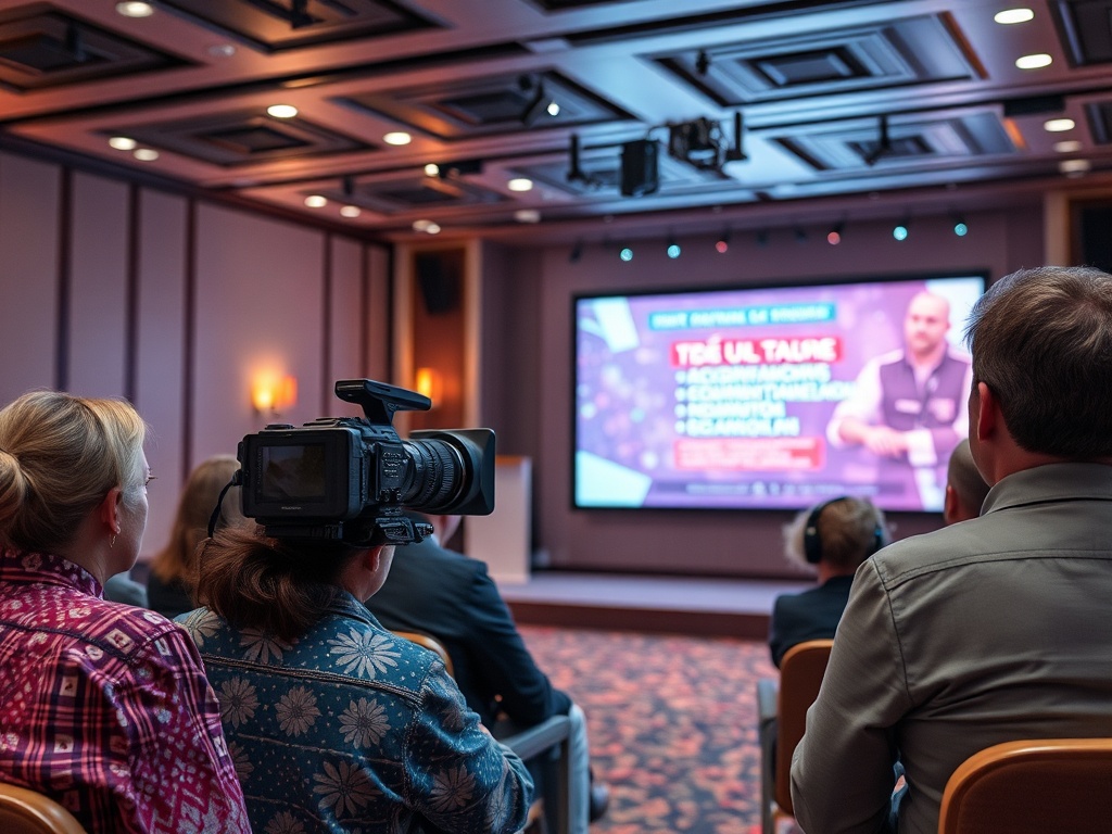 На изображении собрание, участники слушают выступление на экране, камера направлена на людей в зале.
