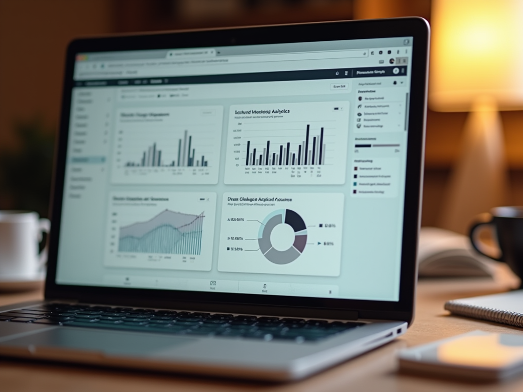 Ноутбук с диаграммами аналитики на экране, стоит на столе в теплом освещении.